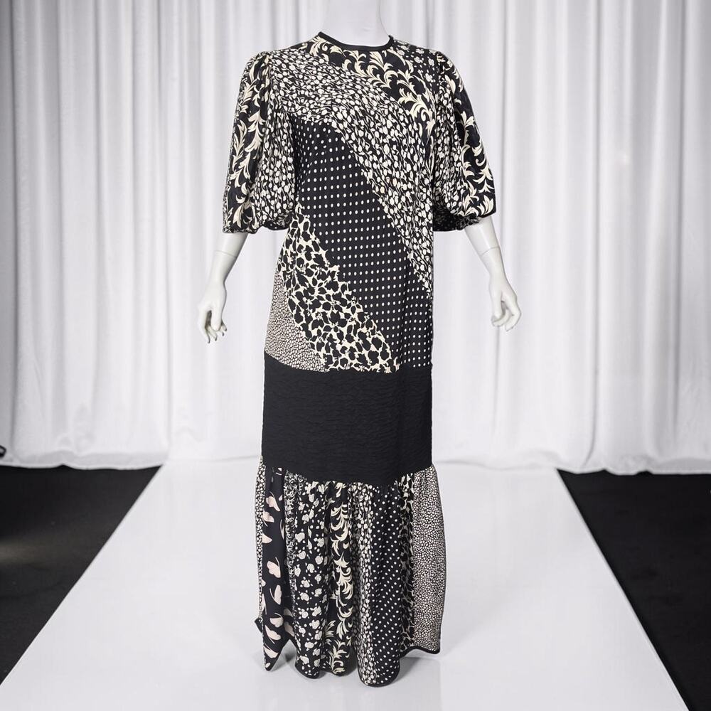 80s Lorrie Kabala Black & White Patchwork Vintage Maxi Dress Puff Sleeve Size 10